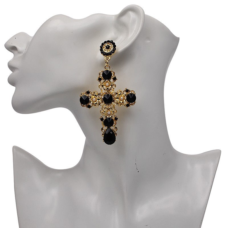 Thumbnail: Black jewelled Cross Earrings