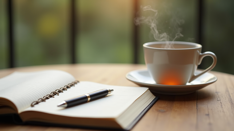 Close-up view of a journal, pen, and a cup of herbal tea on a wooden table