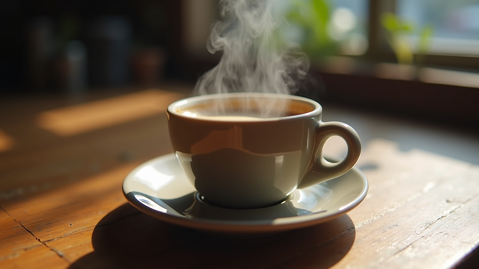 Eye-level view of a steaming cup of Nagara Coffee on a rustic wooden table