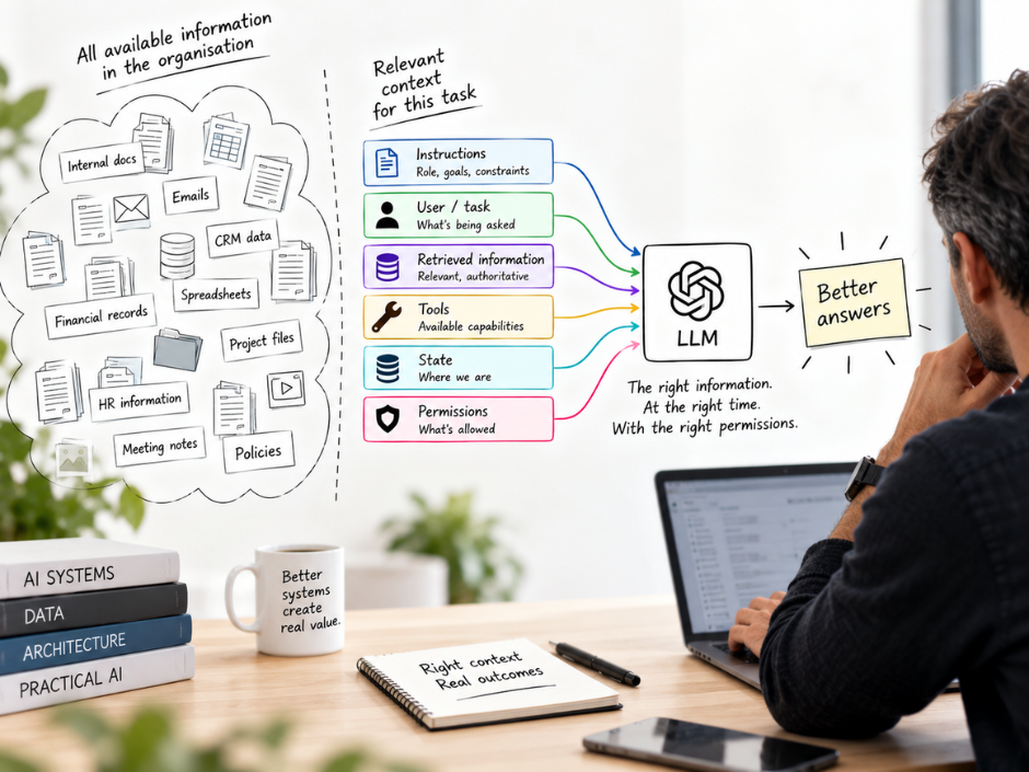 Context engineering diagram showing relevant instructions, user task, retrieved information, tools, state and permissions selected from organisational data and passed to an LLM to produce better answers.
