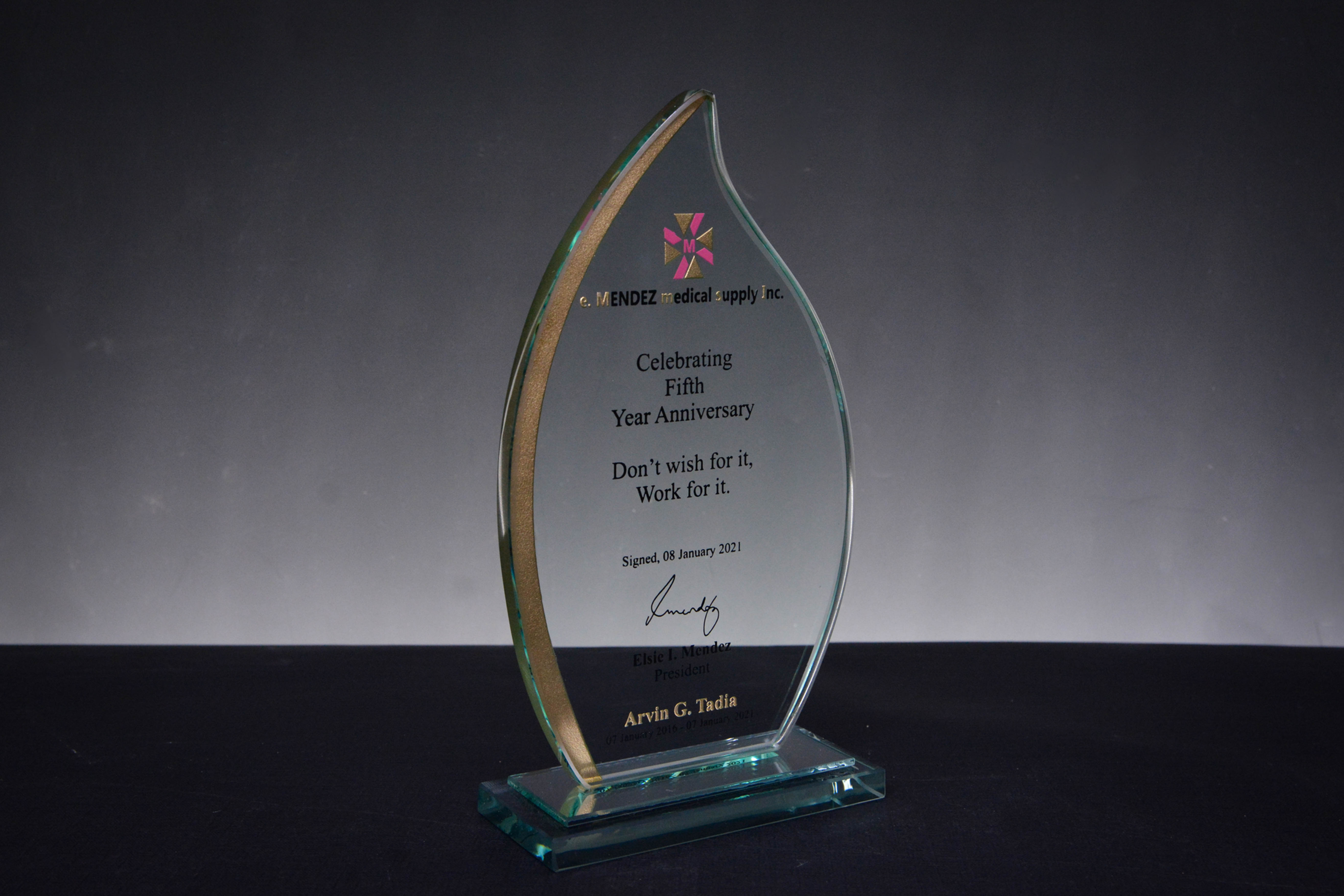SGL012 - e.Mendez Medical Supply Inc. Anniversary Plaque