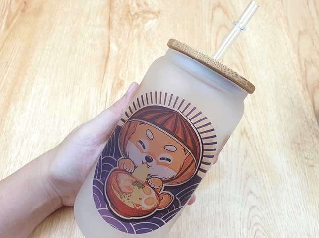 Thumbnail: Cute Shiba/Panda Ramen Frosted Glass Can with Bamboo Lid and Straw