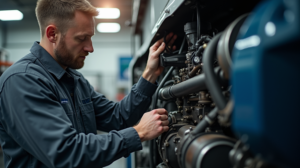 Close-up view of a mechanic inspecting a commercial truck engine
