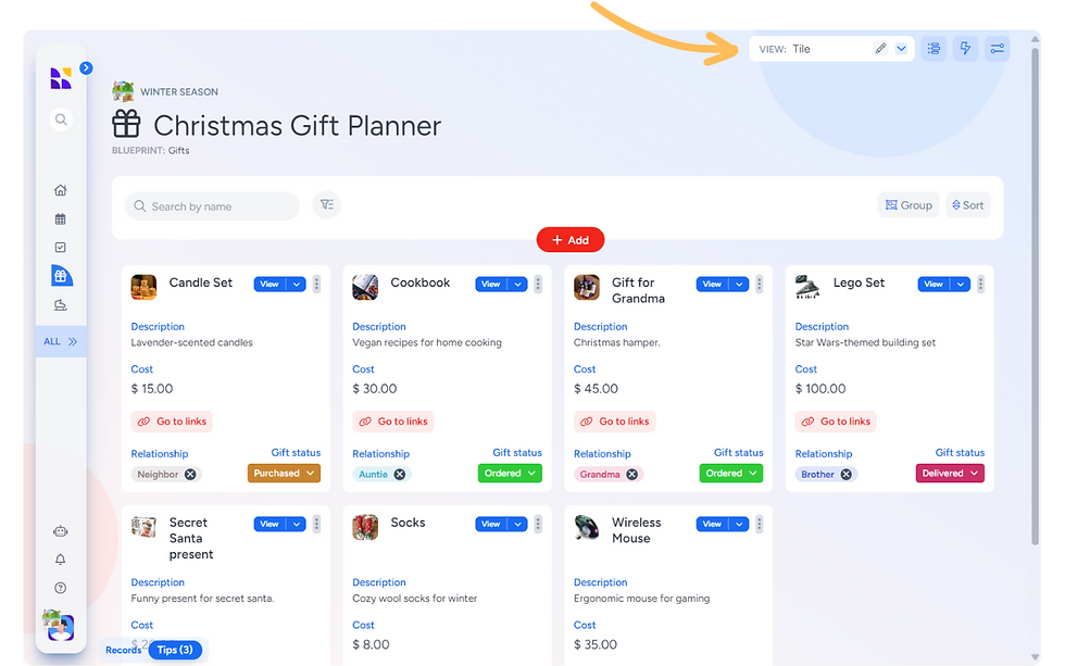Holiday gift planner table listing gifts, recipients’ relationships, gift status, links, costs, and occasion, including rows for candle sets, Lego sets, secret Santa gifts, and more, each with colorful tag indicators and small preview images.