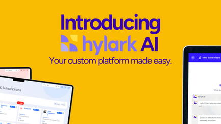 Tablet and laptop screens displaying Hylark’s AI-powered workspace creation flow, with tagline “Revolutionizing Workspaces with AI” on a yellow background showing how users can build digital workspaces for projects and tasks with ease.