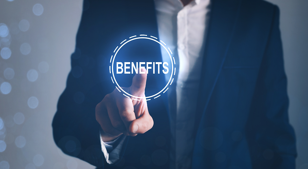 A business professional in a dark suit pointing at a glowing circular icon labelled "Benefits"A business professional in a dark suit pointing at a glowing circular icon labelled "Benefits"