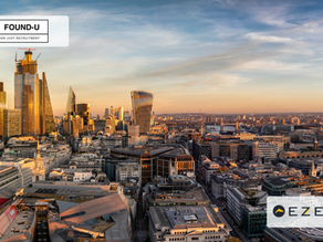 London skyline at sunset with Found-U and Ezekia logos