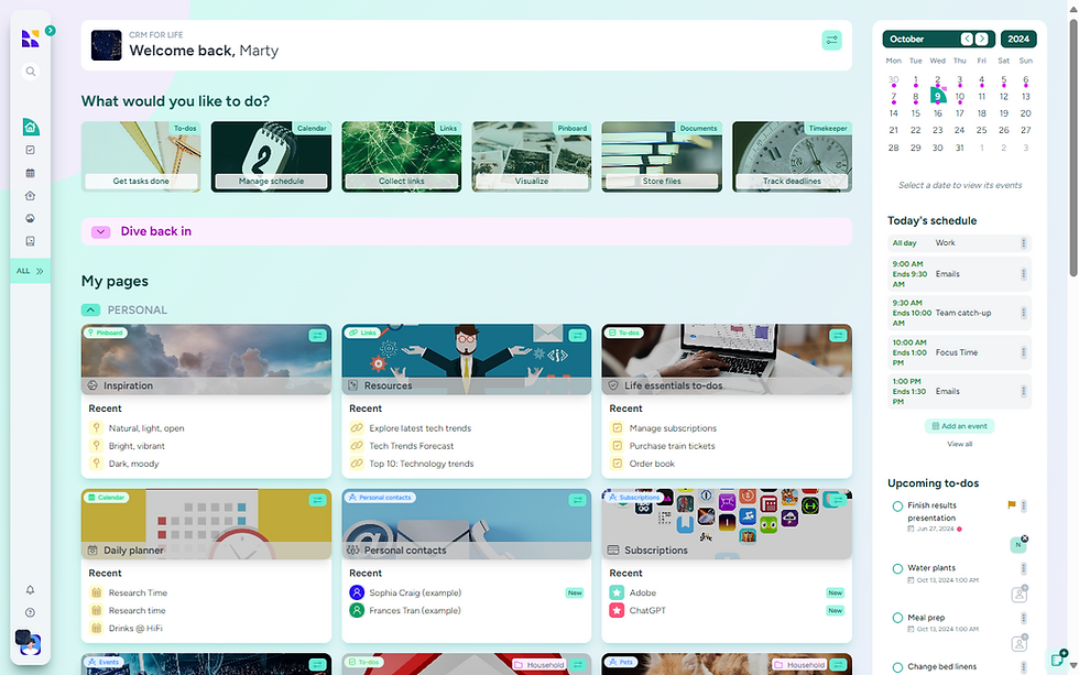A colorful dashboard interface from Hylark’s workspace showing widgets for tasks, links, schedules, and documents, with pinned pages on tech trends, resources, to-dos, personal contacts, and a right-side panel for the October 2024 calendar and daily agenda