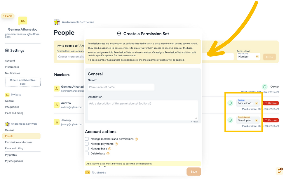 User interface of Hylark’s permissions system showing how to create a new permission set, with checkboxes for account actions and role assignments for members
