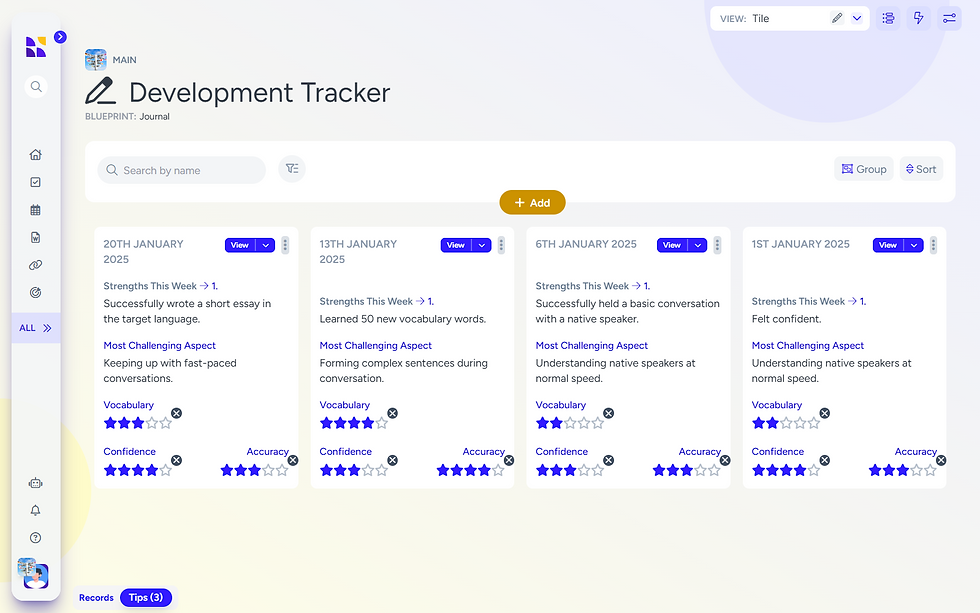 Hylark's development tracker page with sections for weekly strengths, challenges, skill ratings, and reflections, enabling users to monitor their language learning progress.