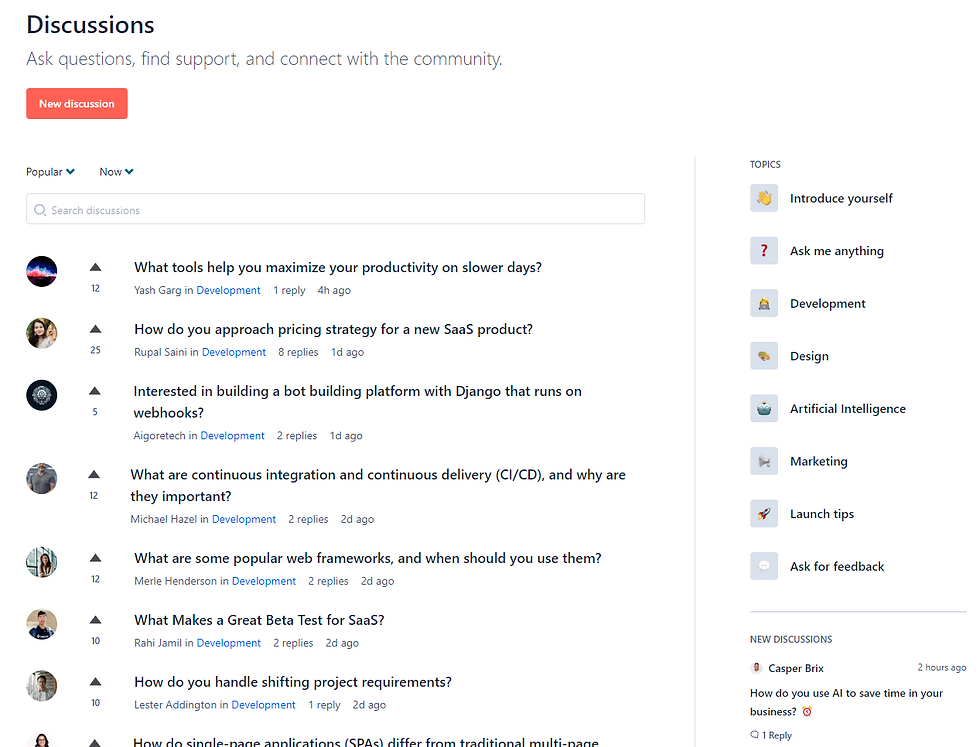 User interface of a professional discussion board featuring various community questions on development, AI, marketing, and design, with user avatars, upvote icons, reply counts, and sidebar navigation to filter by topics.