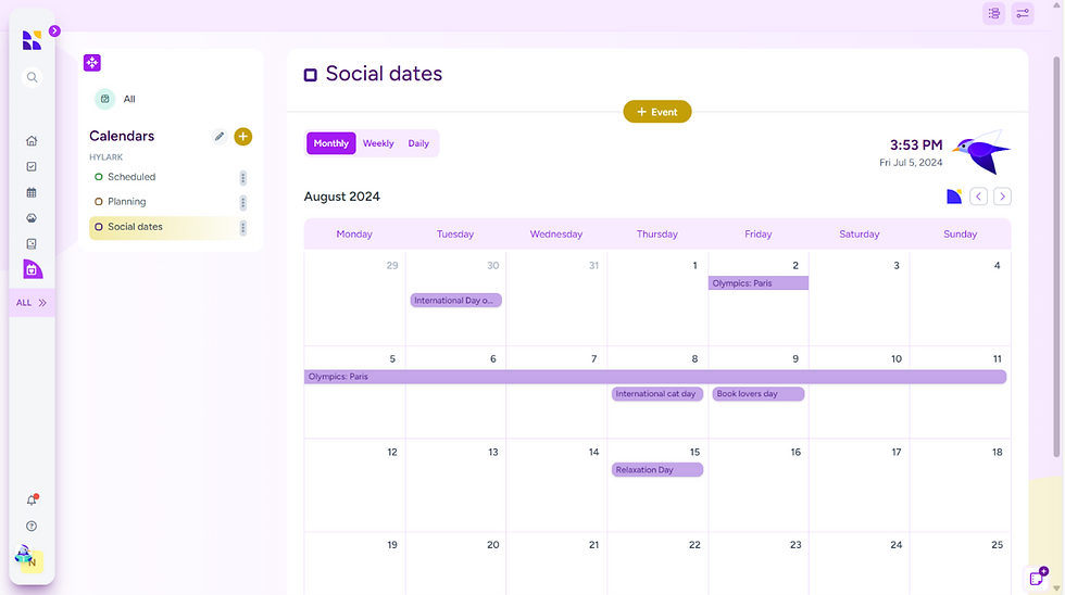 Hylark calendar tool open to August 2024, showing social media holidays like International Cat Day and the Paris Olympics for content planning.