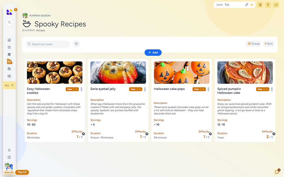 “Hylark's ‘Spooky Recipes’ page showing a grid of Halloween desserts, including cookies, jelly, cake pops, and pumpkin cake, complete with recipe descriptions, preparation time, servings, and difficulty ratings in a visual recipe organizer.”