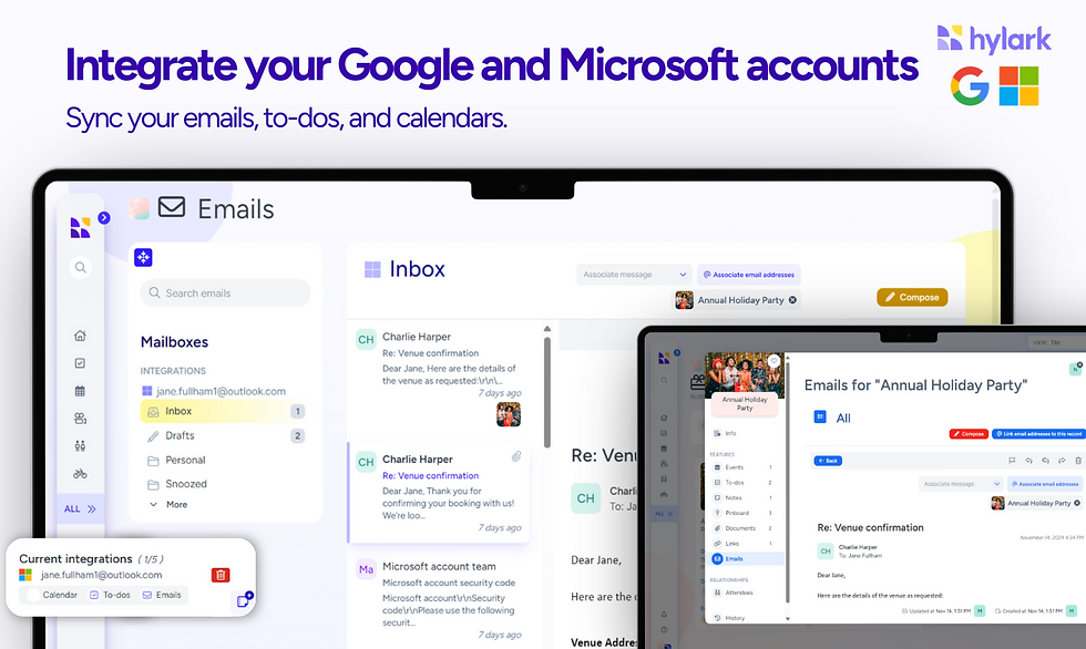 Email interface in Hylark demonstrating real-time sync with Google and Microsoft accounts, showing inbox, connected calendars, and integration status, enabling unified communication and task management across platforms.
