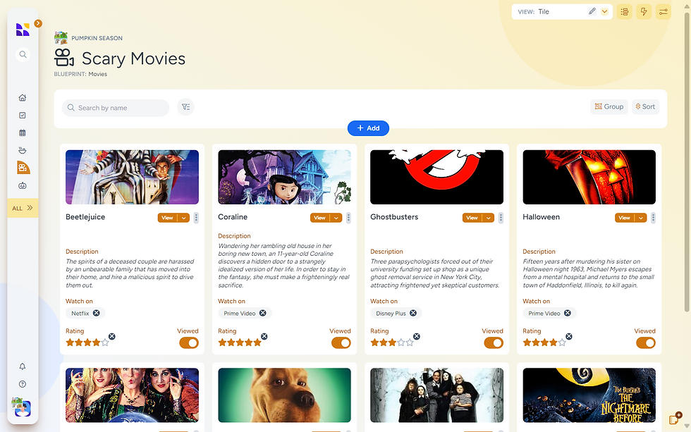 “Scary Movies blueprint page on Hylark featuring a Halloween film collection with titles like Beetlejuice, Coraline, Ghostbusters, and Halloween, each with streaming platforms, descriptions, ratings, and a personalized watchlist setup.”