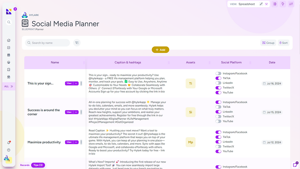 Hylark’s Social Media Planner interface featuring a spreadsheet view with captions, hashtags, platform toggles, and post scheduling columns.
