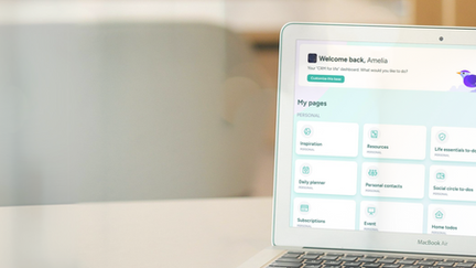 A laptop on a desk displaying the Hylark digital planner dashboard with sections like “Daily planner,” “Subscriptions,” “Personal contacts,” and “Today’s schedule.” 