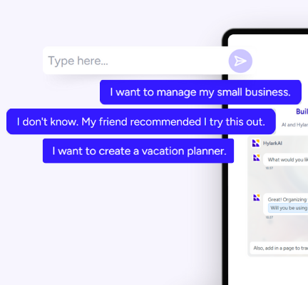 Illustration of a purple Hylark bird flying through stylized clouds on a lavender background, beside a tablet interface showcasing Hylark’s AI onboarding chat, with text prompts like “I want to manage my small business” and “I want to create a vacation planner,” promoting custom workspace creation with Hylark AI; bold header reads “Introducing Hylark: Your custom workspace made easy.”