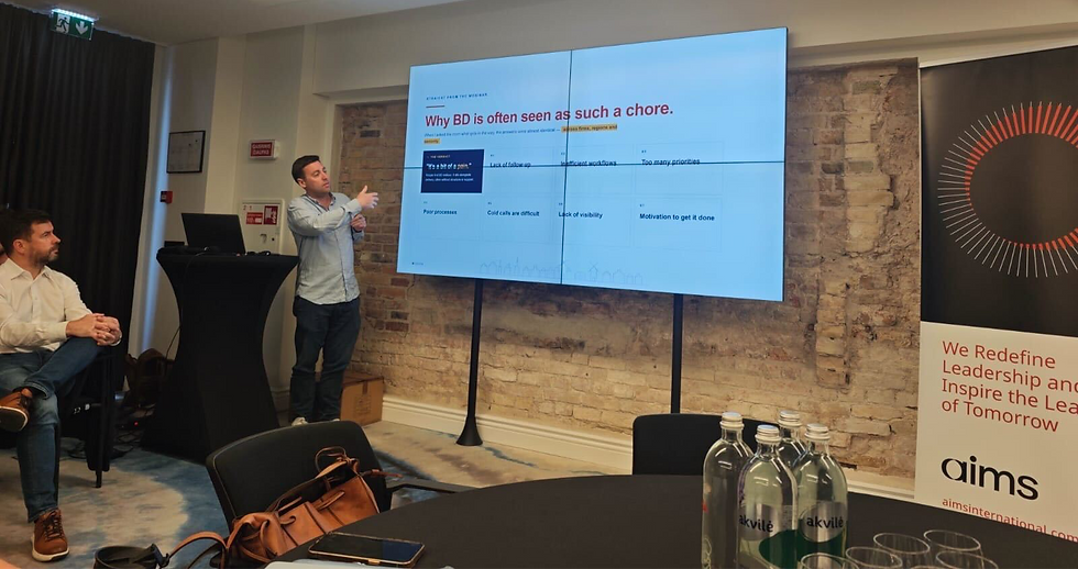 Max Woolger, VP Revenue at Ezekia, presenting a session on why business development is seen as a chore at the AIMS International EMEA 2026 meeting in Vilnius