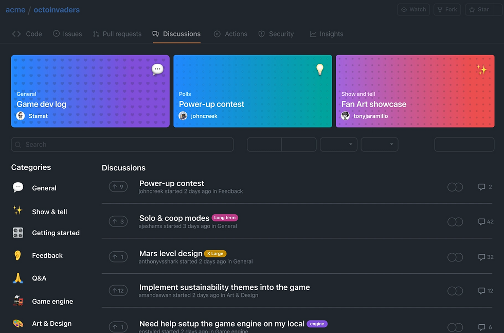 Dark-themed developer community forum on GitHub featuring color-coded category banners such as ‘Power-up contest’ and ‘Fan Art Showcase,’ plus threaded discussions on topics like level design and game sustainability.
