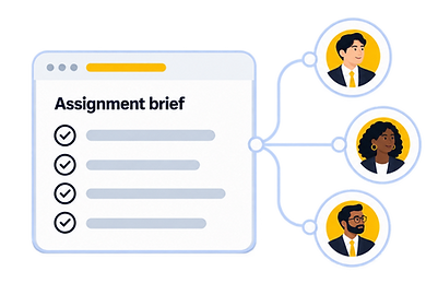 Assignment brief setup showing search kick-off workflow with team briefing and customisable search stages