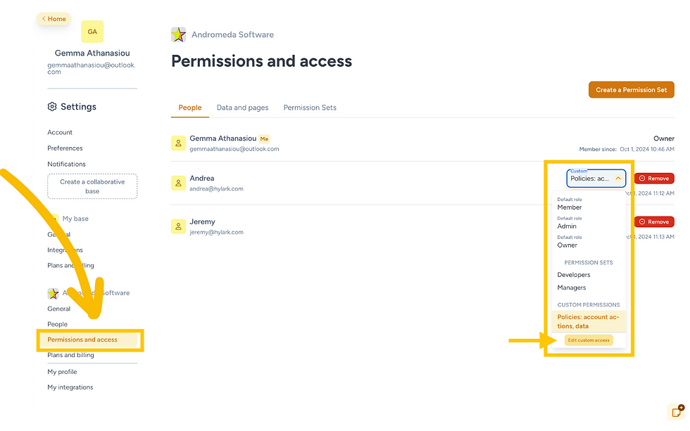 Permissions and access screen in Hylark showing multiple roles and custom permissions with detailed access settings for each user