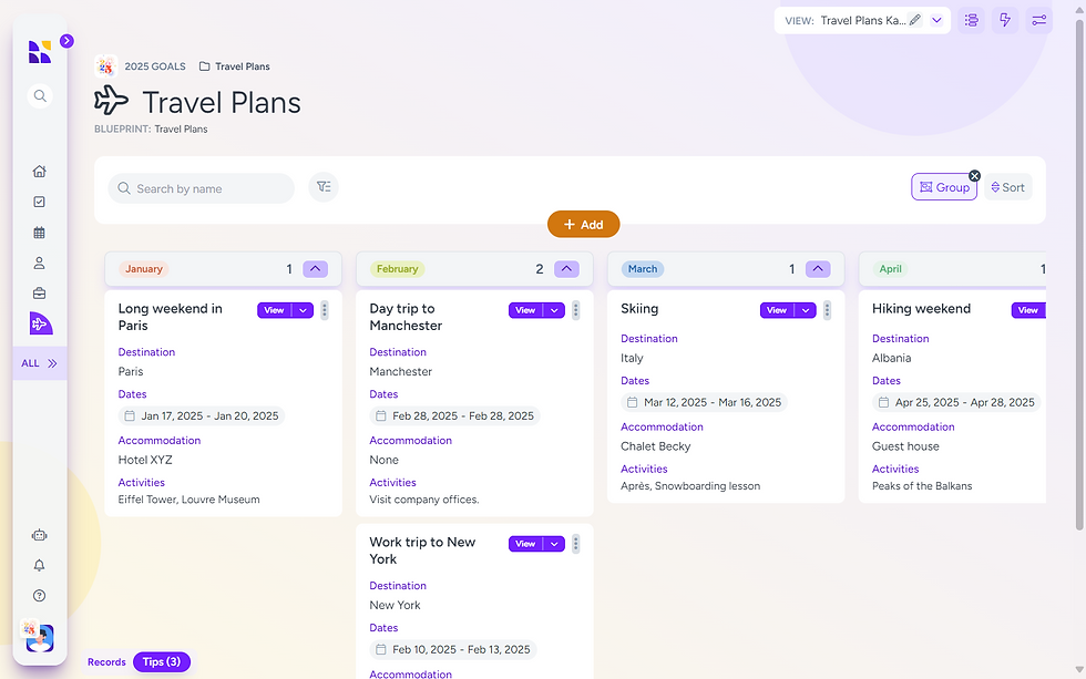 Kanban-style layout showing travel plans organized by month, including trips to Paris, New York, Manchester, and Albania. Each card lists destinations, accommodations, and activities, demonstrating how users plan personal and professional travel goals with clear structure.