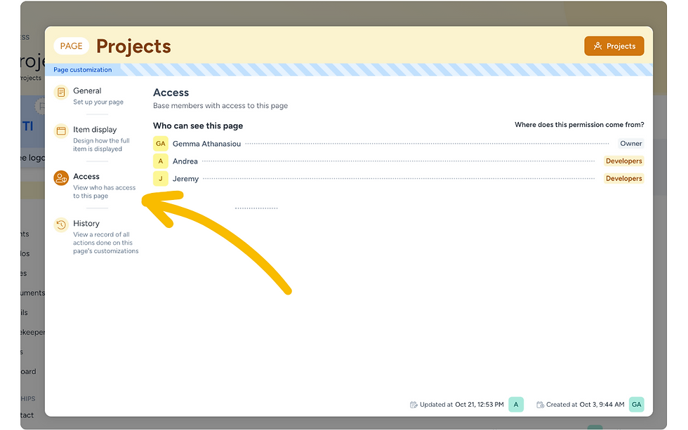 Page-level access settings in Hylark showing which members can view the "Projects" page and where the permission originates from owners or permission sets