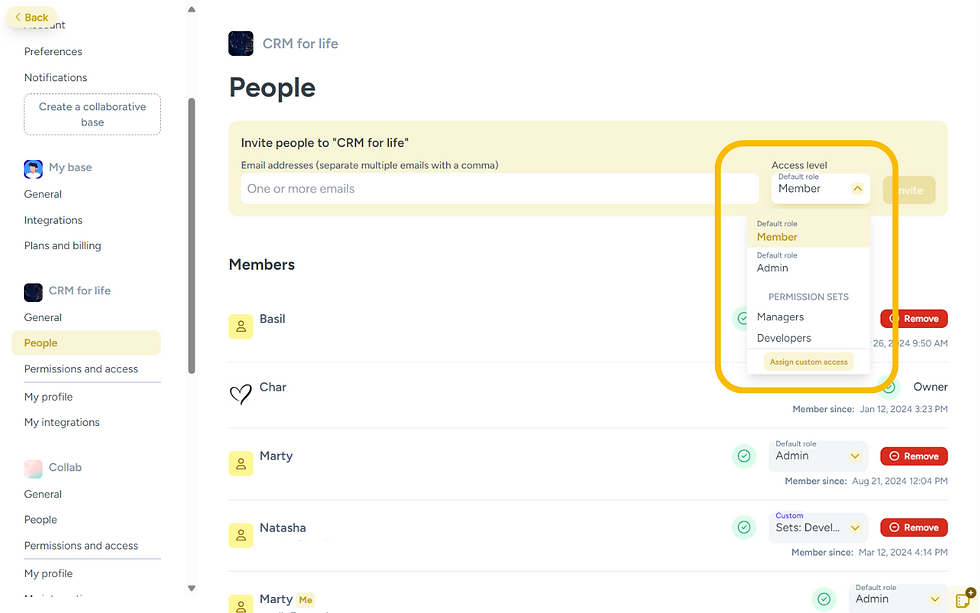 CRM for life project in Hylark platform displaying dropdown menu for selecting member access levels including admin, member, and custom permission sets