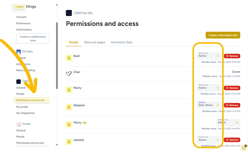 Hylark’s permissions and access dashboard showing default roles, member names, and admin assignments for managing team access control