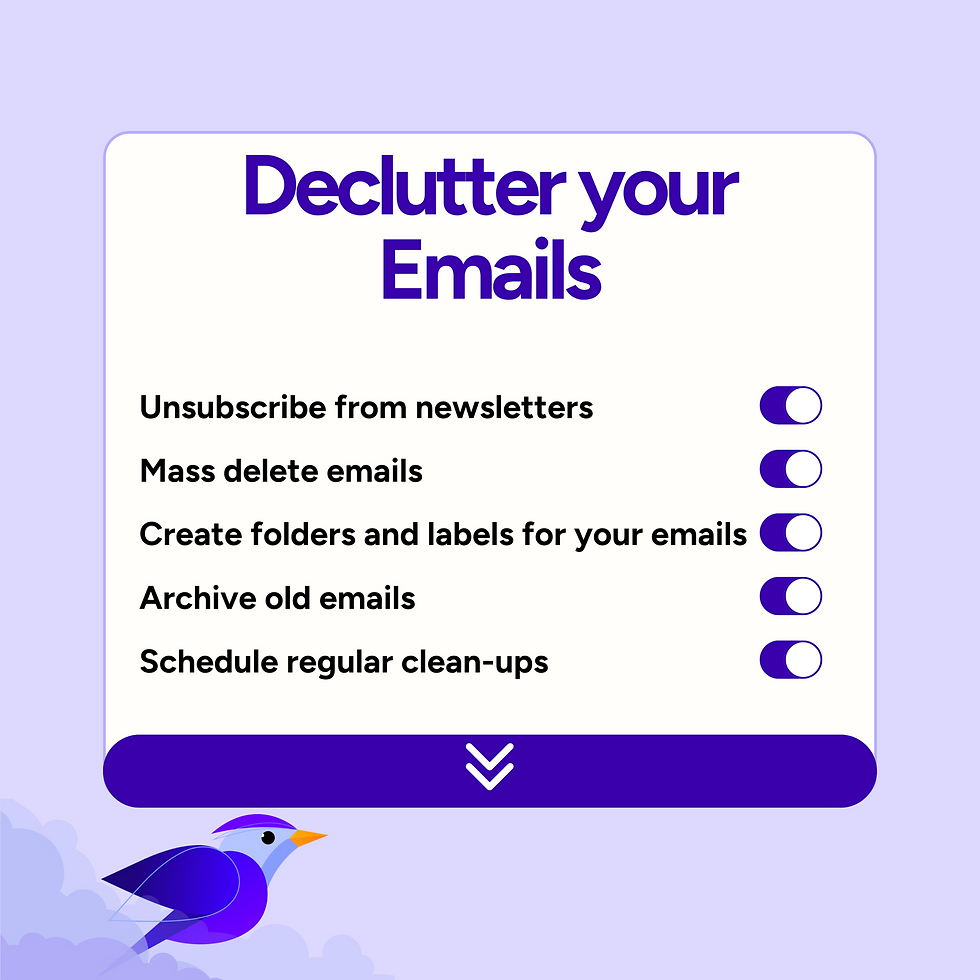 Email cleanup tips presented in a checklist format including unsubscribing from newsletters and archiving emails, with toggles for each step and a cloud-floating Hylark mascot beneath the text block, set on a pastel purple backdrop.