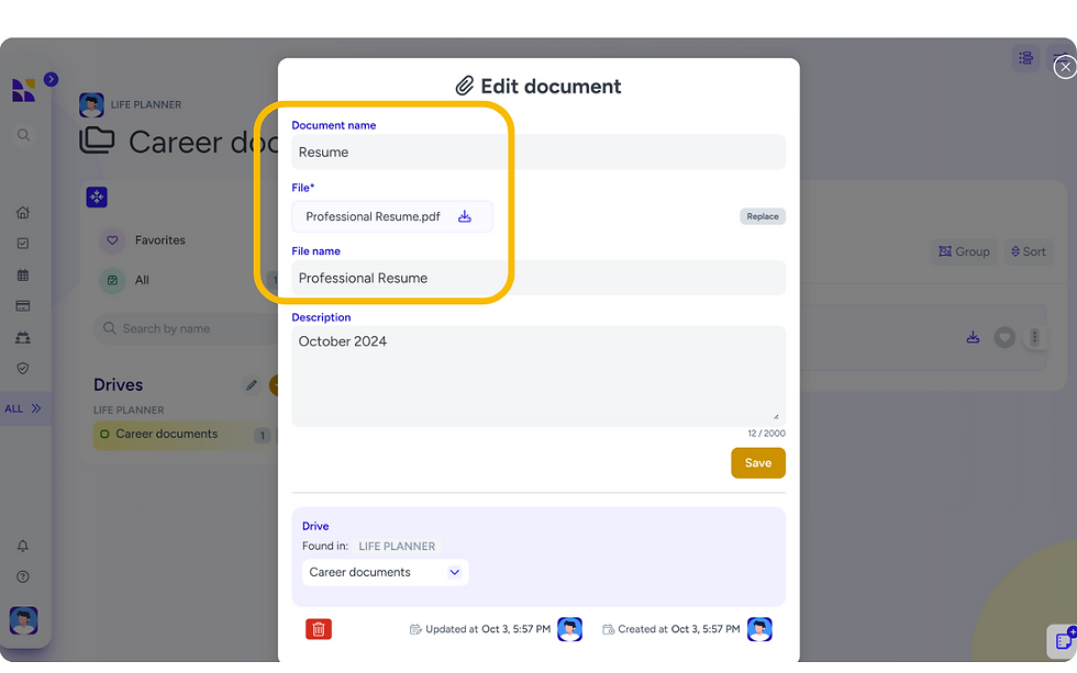 Edit document screen in Hylark displaying resume file settings, including file name, location in career documents drive, and description for organizing documents