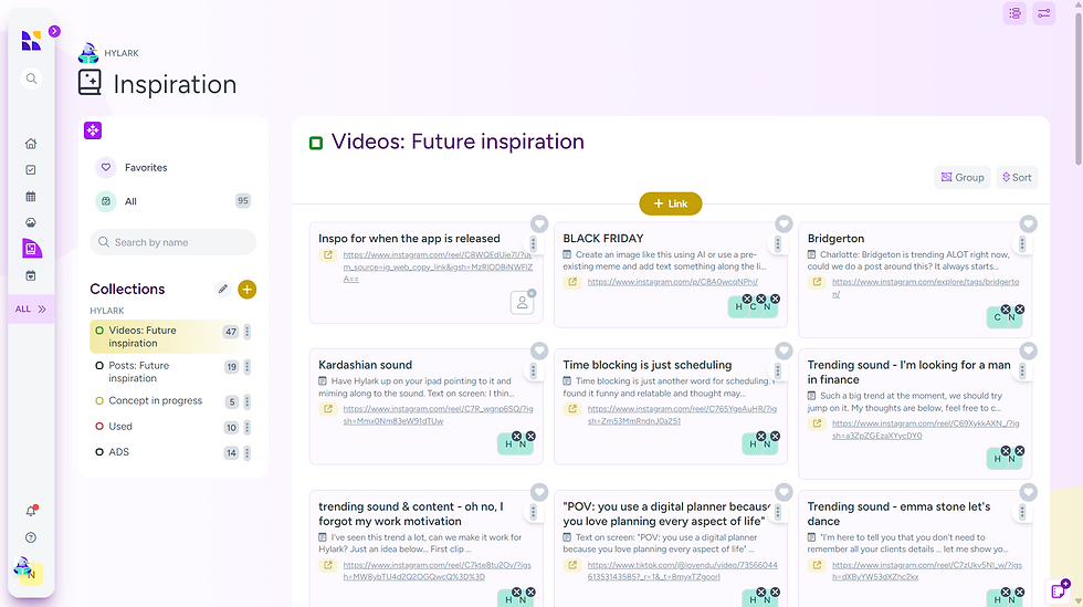 Hylark's “Inspiration” dashboard displaying a collection of saved social media ideas and video links categorized for future content creation.