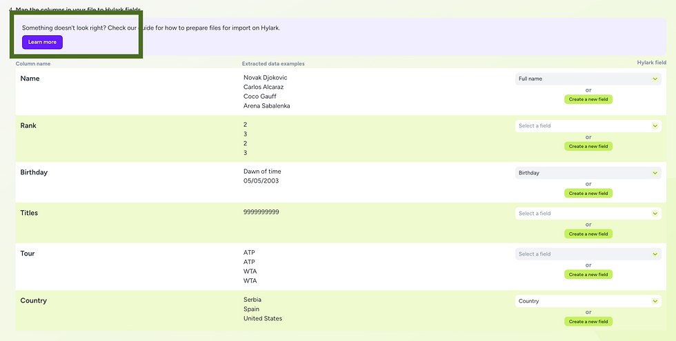 Hylark’s column mapping interface showing extracted data examples such as tennis player names and values like rank, birthday, and country. Fields are matched or left unmapped with options to create new fields for unmatched columns.