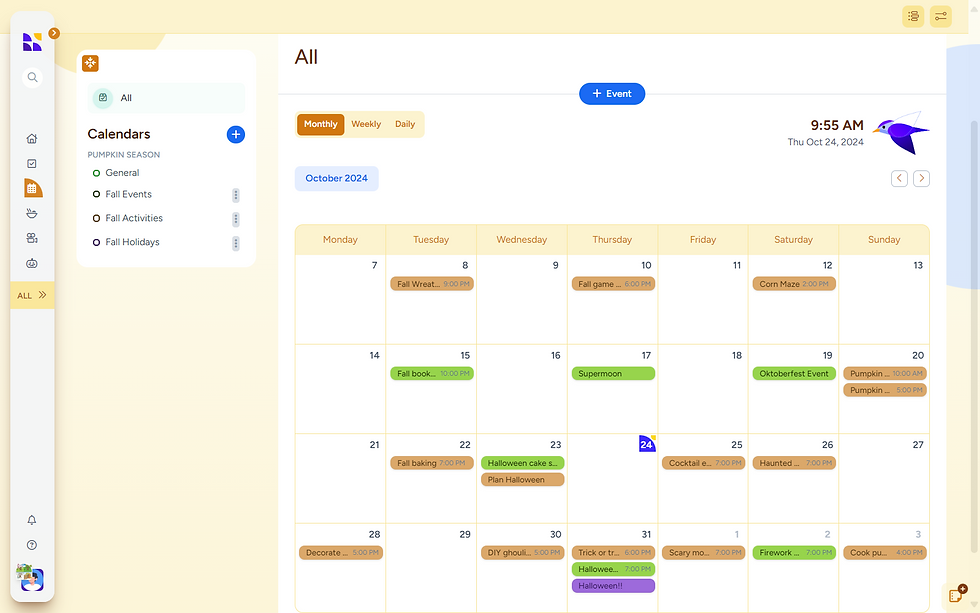 “Monthly calendar view in Hylark’s Halloween planner with color-coded events, recipes, and social activities like trick-or-treating, baking sessions, and spooky movie nights, designed to streamline October event scheduling.”