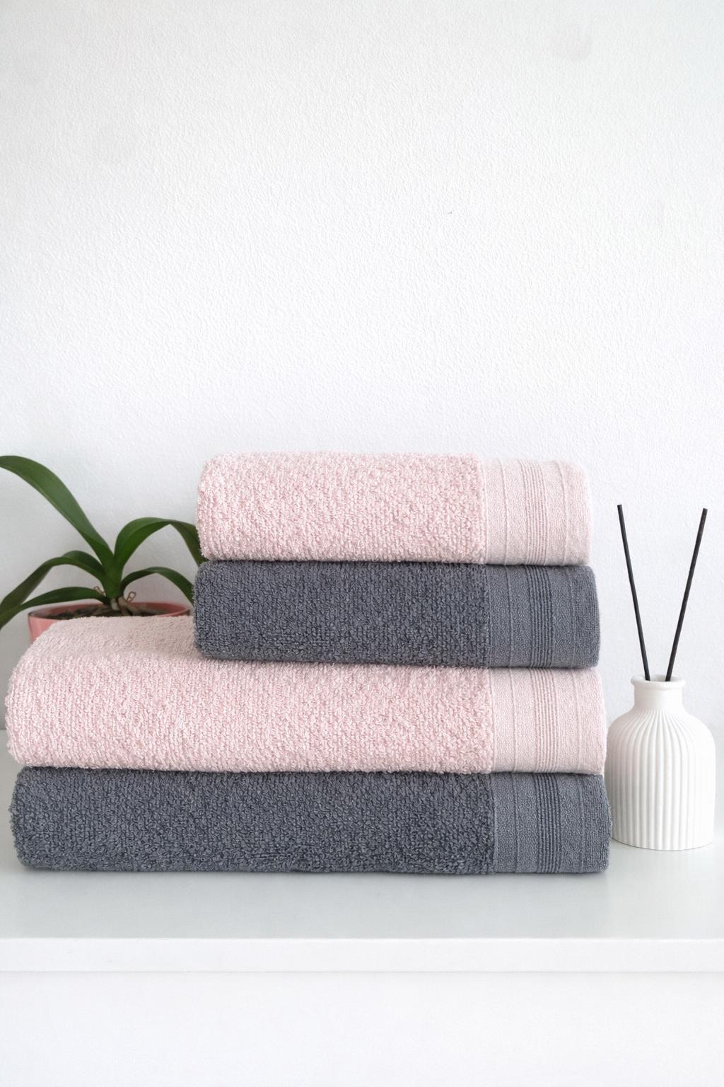Eco-Friendly 4'lü Pamuklu Banyo Hamam Seti (Koyu Gri, Pembe)