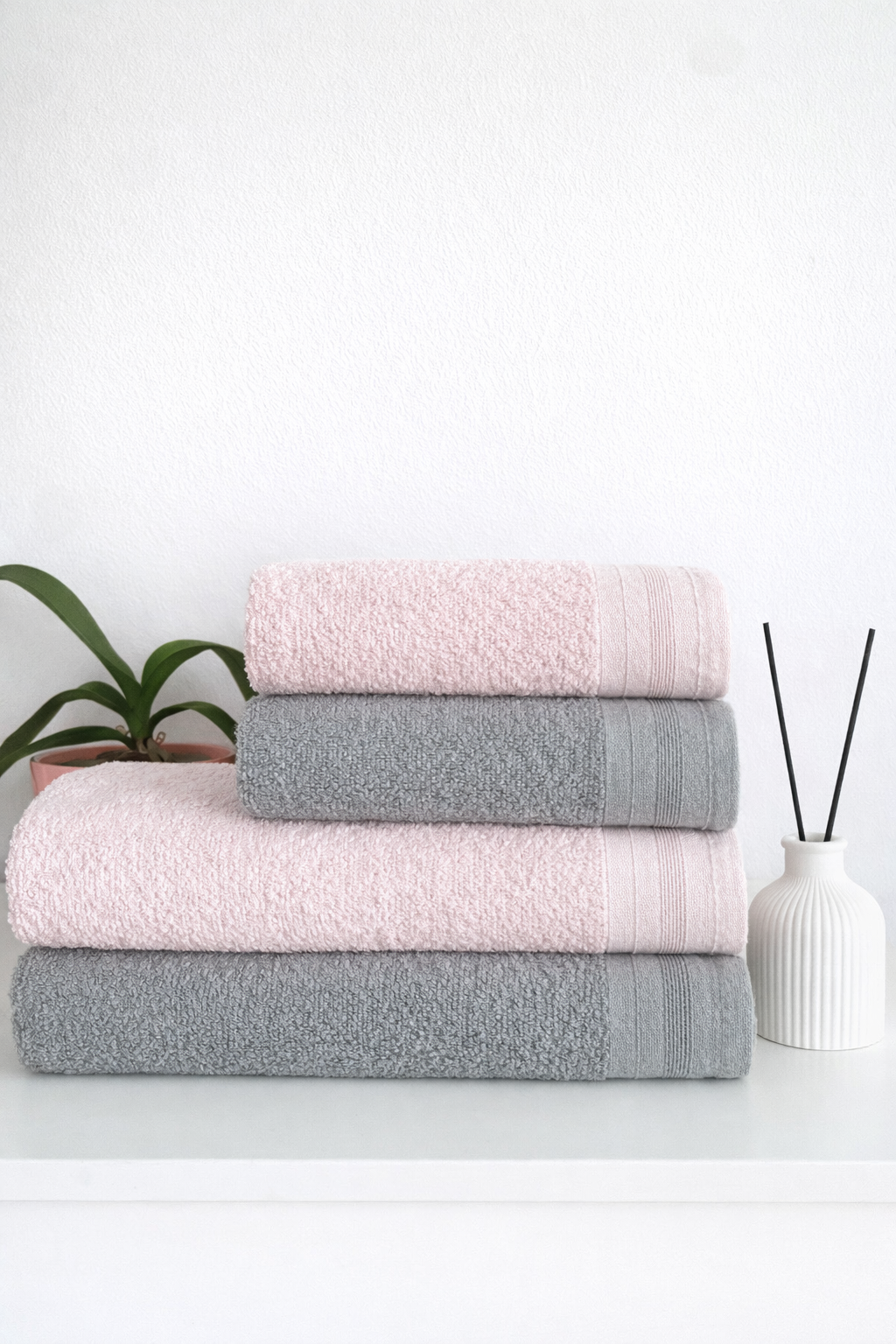 Eco-Friendly 4'lü Pamuklu Banyo Hamam Seti (Açık Gri, Pembe)