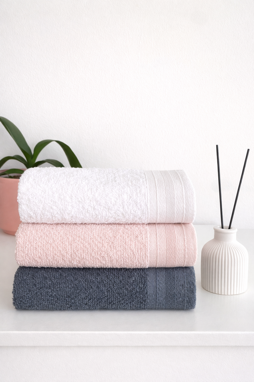 Eco-Friendly 3'lü 50x80 Pamuklu El Yüz Havlusu (Koyu Gri, Pembe, Beyaz)