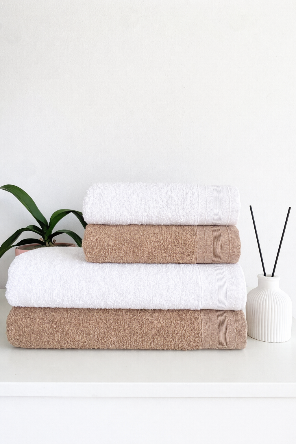 Eco-Friendly 4'lü Pamuklu Banyo Hamam Seti (Açık Kahve, Beyaz)
