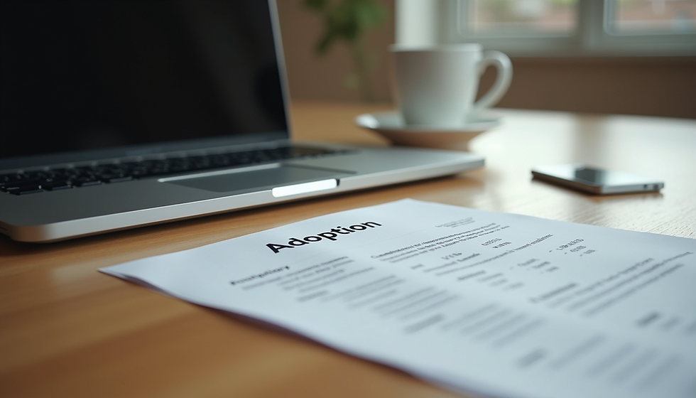 Eye-level view of a cozy office space with adoption brochures on a wooden table