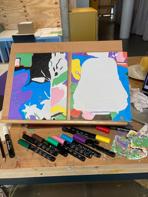 Exploring space: Acrylic markers: focussing on 'negative space' between the positive (white) spaces: Bluebell and Morris Minor Car: February 2026, RCA Battersea London