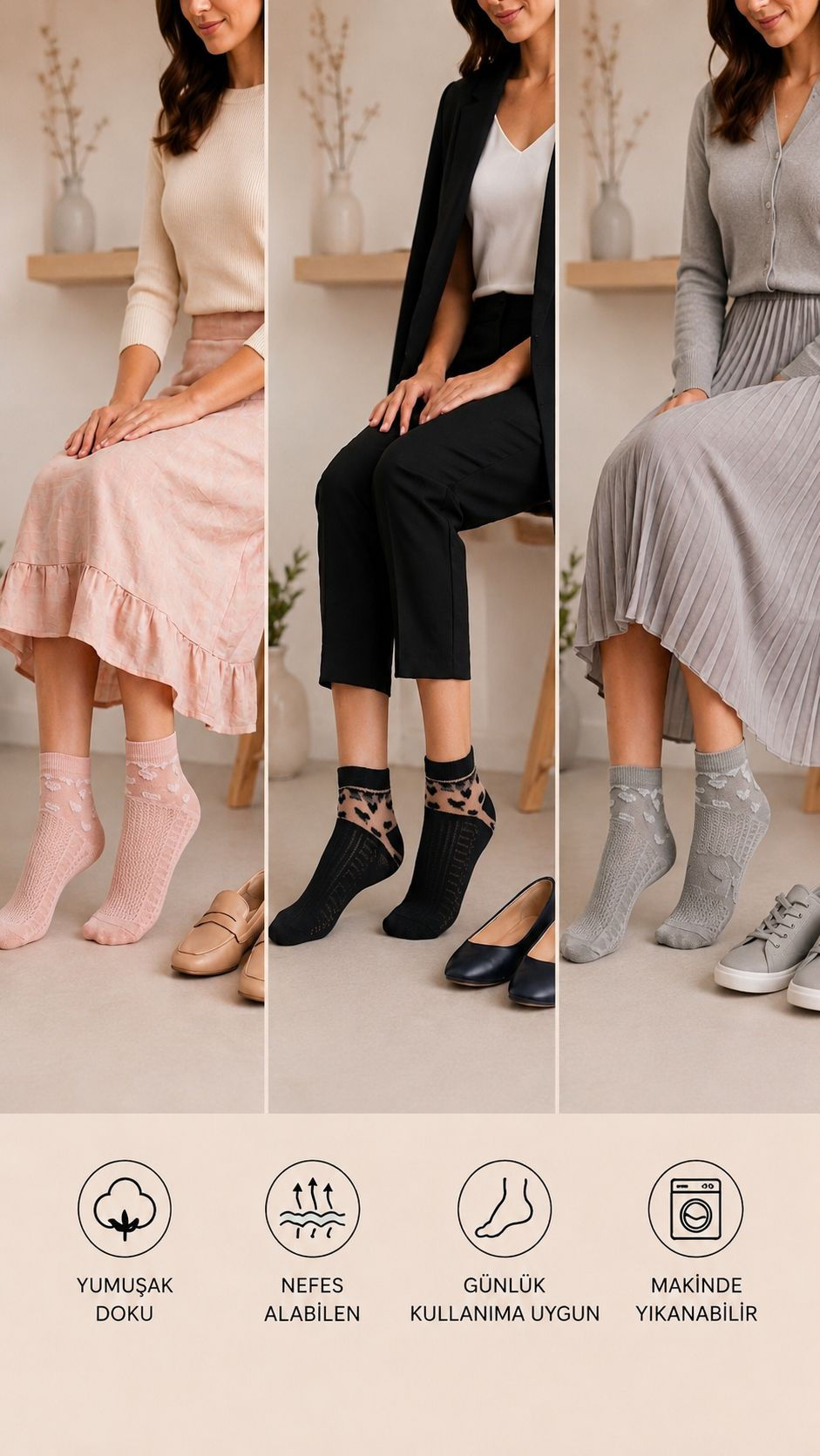 Küçük resim: UZN Socks Kadın 3'lü Desenli Soket Çorap Seti - Çok Renkli, Tül Detaylı, Şık ve
