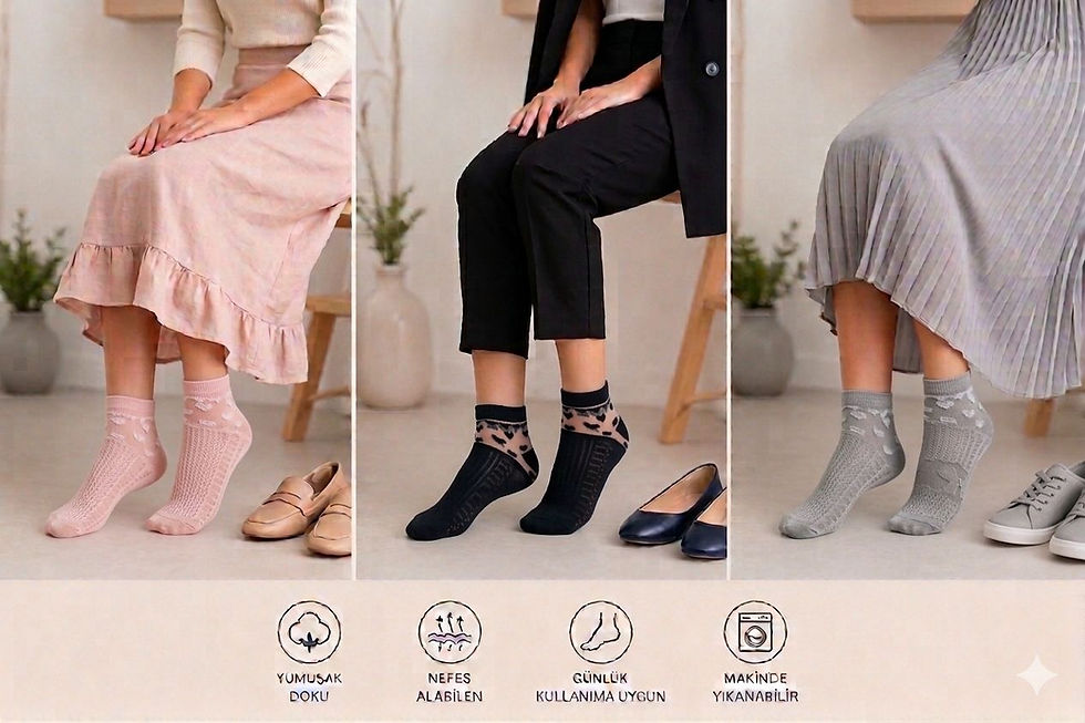 Küçük resim: UZN Socks Kadın 3'lü Desenli Soket Çorap Seti - Çok Renkli, Tül Detaylı, Şık ve