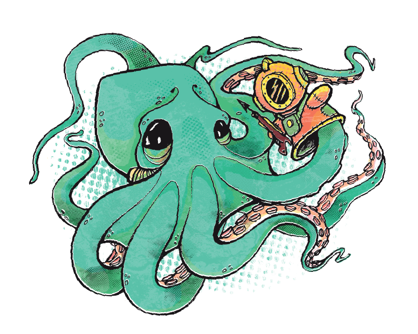 Polished image of octopus with a diver puppet on it's arm