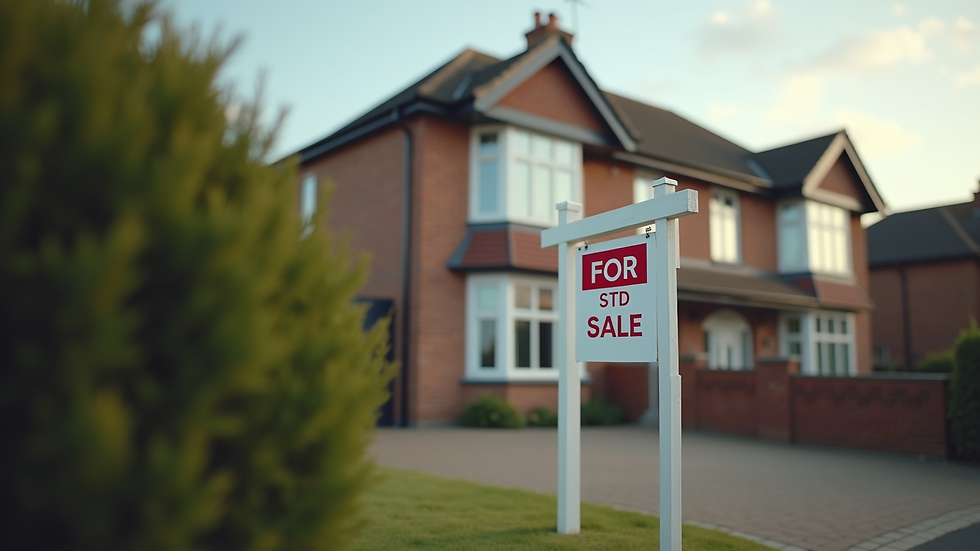 Eye-level view of a modern UK suburban house with a "For Sale" sign