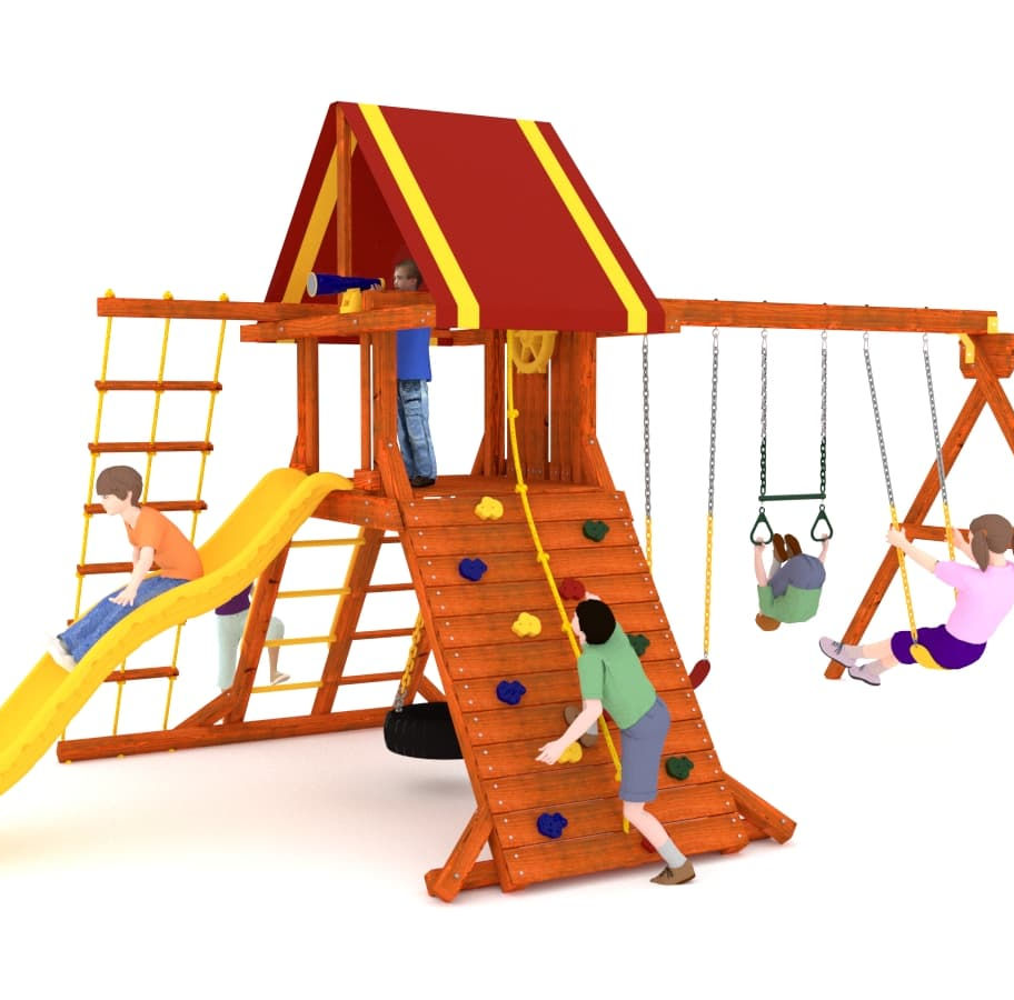 Juego infantil modular de madera con resbaladilla, columpios y accesorios recreativos para exteriores.