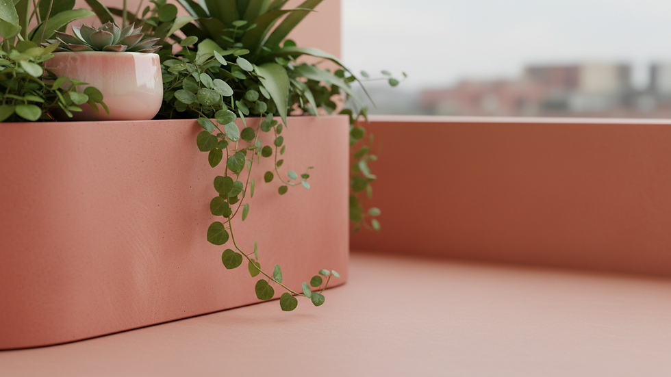 Eye-level view of a modern concrete planter with green plants on a balcony