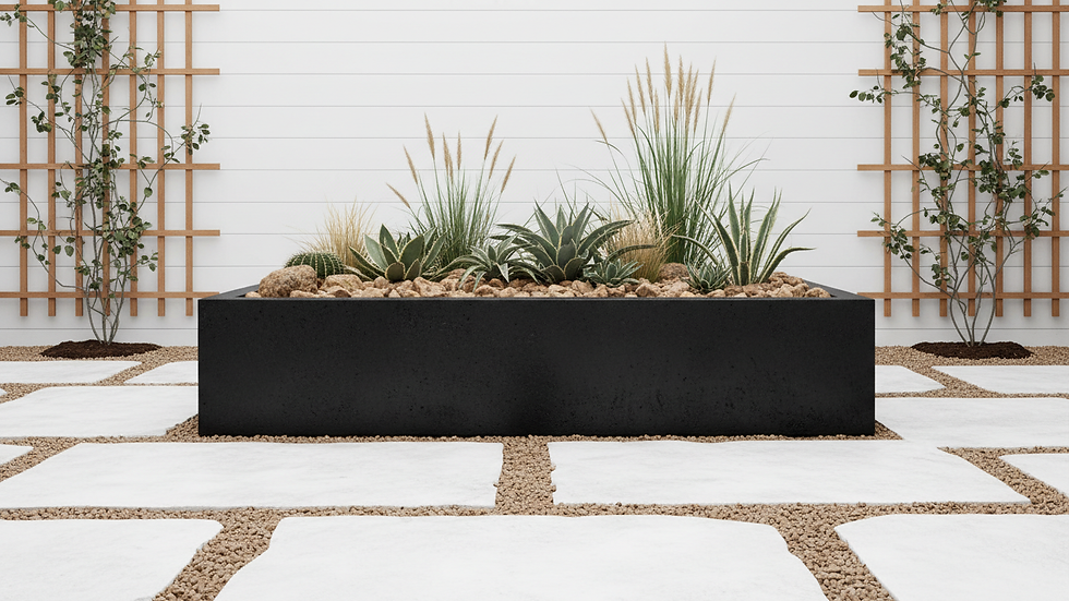 Eye-level view of a large concrete planter placed in a modern garden setting