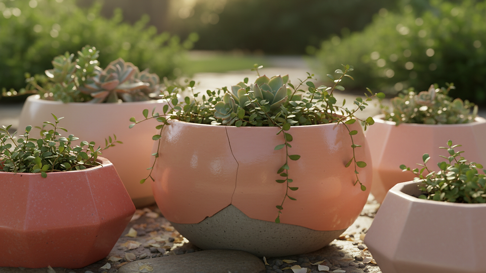 Close-up view of colorful modern concrete planters arranged in a garden