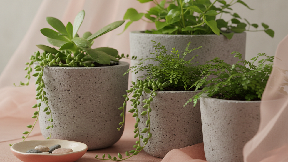 Yakın çekim beton saksıda sağlıklı yeşil bitkiler